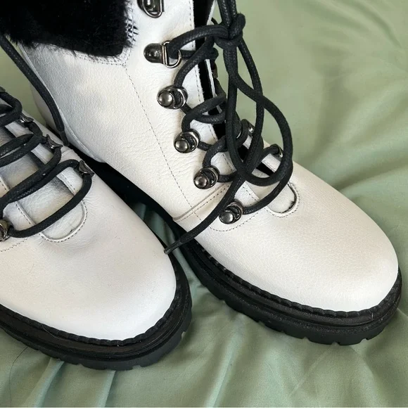 🩷M. GEMI WHITE LEATHER BLACK FUR WINTER LACE UP TRENDING ANKLE BOOTS SIZE 9 - Picture 6 of 14